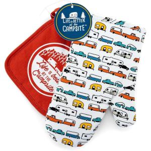 image:imageCamco Life is Better at The Campsite Heat Resistant Oven Mitt and Pot Holder Set  Heat Resistant 100 Cotton  Features Unique RV CampingThemed Design 53259Red