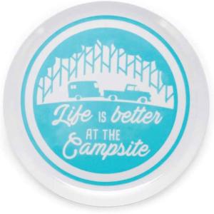 image:imageCamco Life is Better at The Campsite Large Dinner Plate  White with Teal and Navy Retro RV Camper and Trailer Print BPA Free Melamine 53227