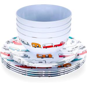 image:imageCamco Life is Better at the Campsite Dishware Set  Includes 4 large dinner plates 4 small salad plates and 4 bowls  Top rack dishwasher safe  Multicolor RV and truck design 53295